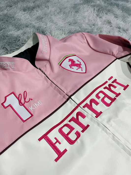 Close-Up of Pink Ferrari Leather Jacket Detailing and Logo Design