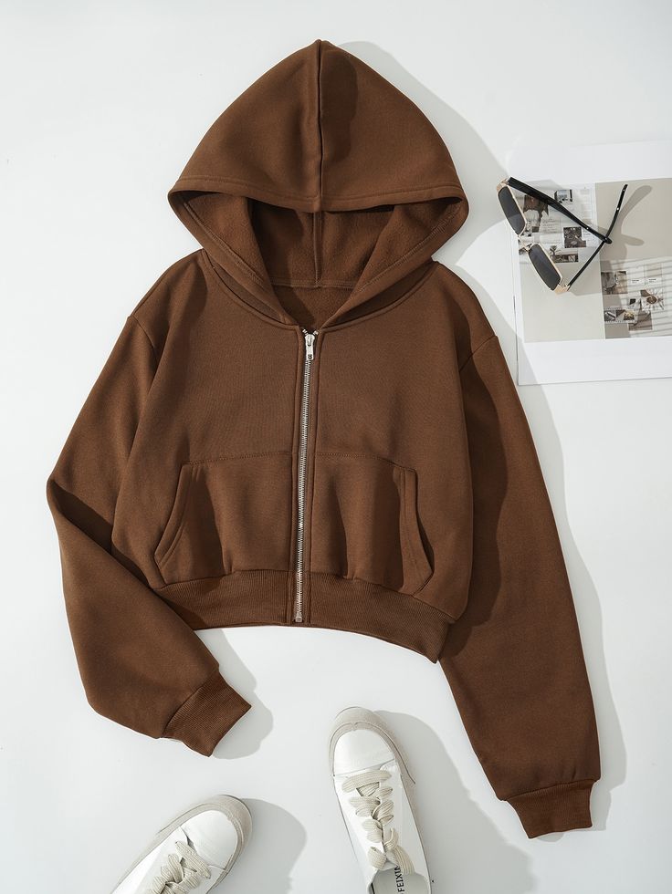 Mocha Crop Zip-Up Hoodie | IndiaDrips