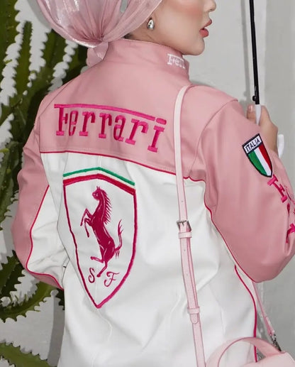 Pink Ferrari Leather Jacket – Luxe Motorsport Streetwear